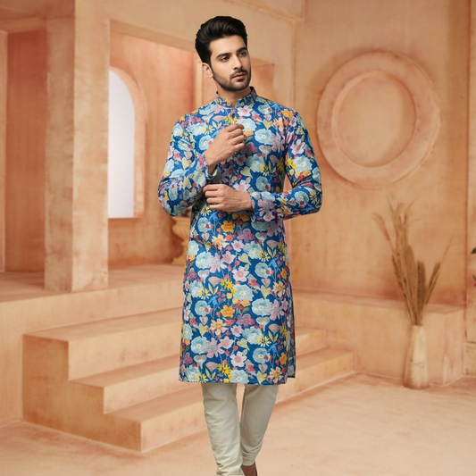 "Dev" Blue Floral Embroidered Cotton Kurta for Men with Thread & Sequins Work