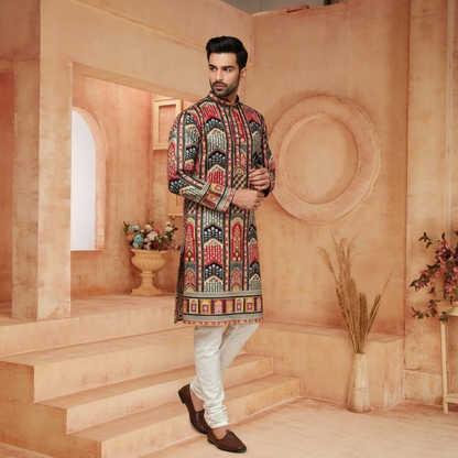 "Akshay" Premium digital printed kurta with thread embroidery.