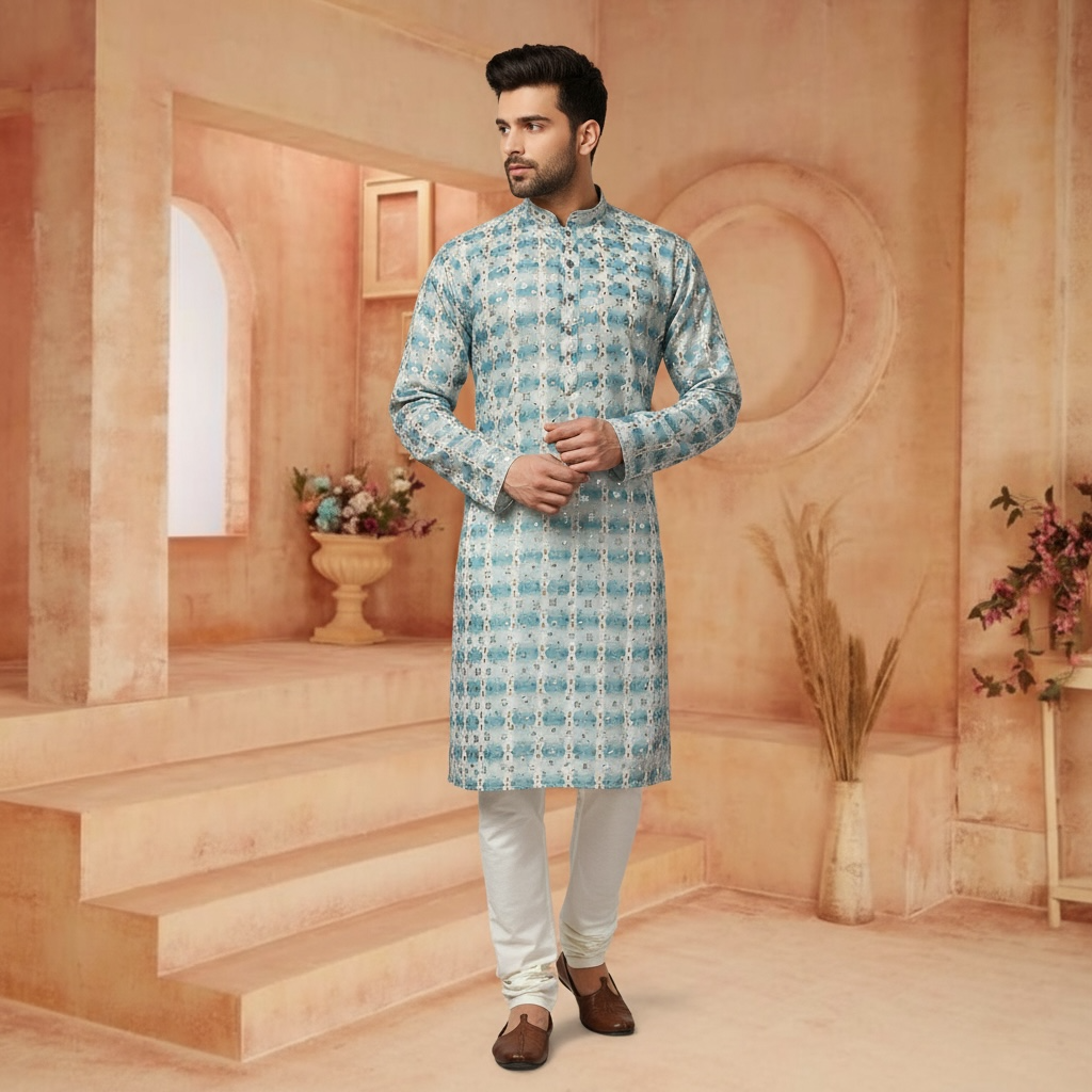 "Dhruv" Premium cotton kurta with delicate thread, sequins and mirror work.