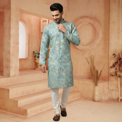 "Ranveer" Premium digital printed kurta with thread and sequins embroidery.