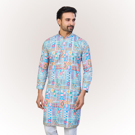 "Kunal" Premium digital printed kurta with thread and sequins embroidery.