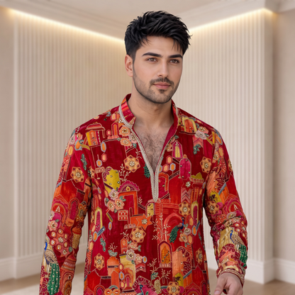 "Vivansh" Premium position printed short kurta with embroidery and lace.(wide pants included)