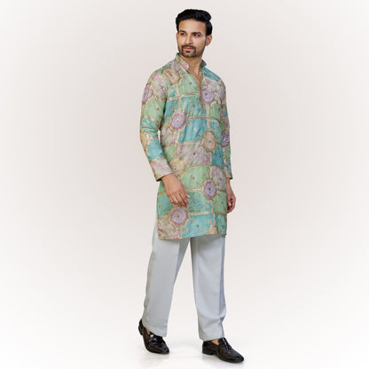 "Anay" Premium digital printed v neck kurta with thread and sequins embroidery.(wide pants included)