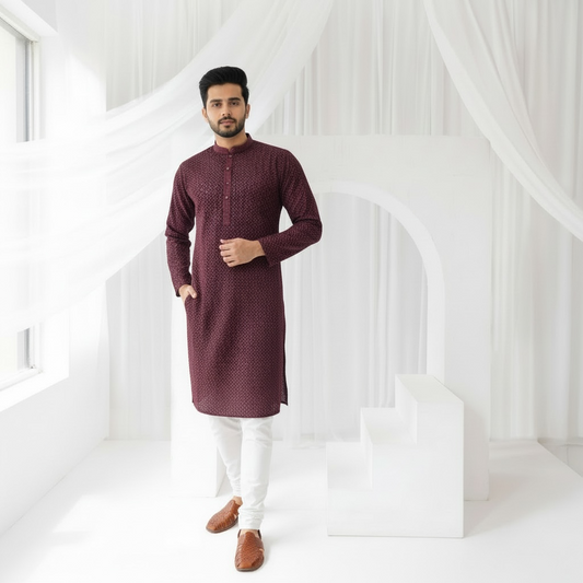 "Jairaj" Premium black rayon kurta with contrast thread work.