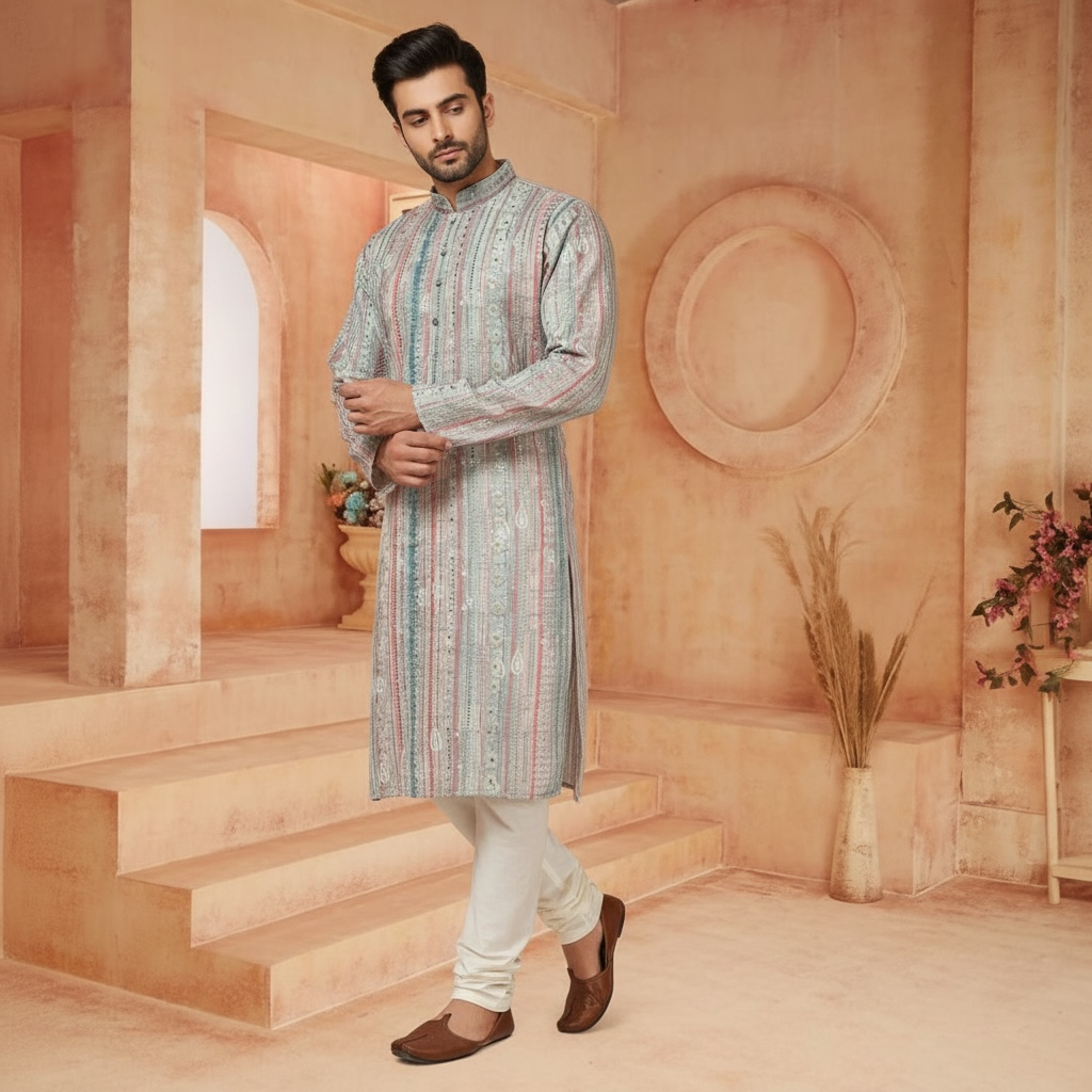 "Luv" Premium digital printed fabric with thread and sequins embroidery.