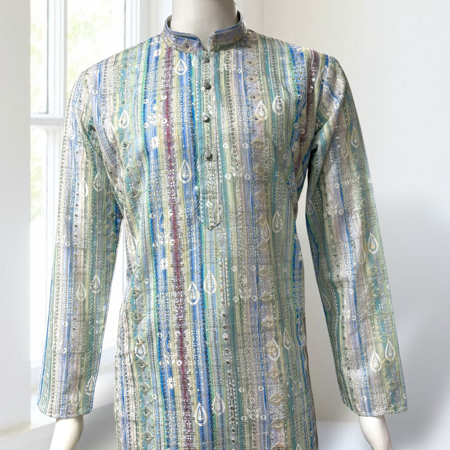 "Luv" Premium digital printed fabric with thread and sequins embroidery.