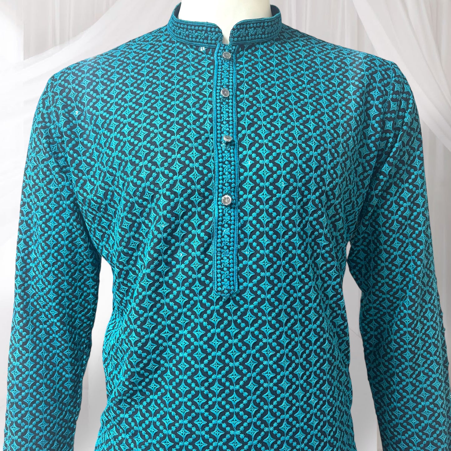 "Jairaj" Premium black rayon kurta with contrast thread work.