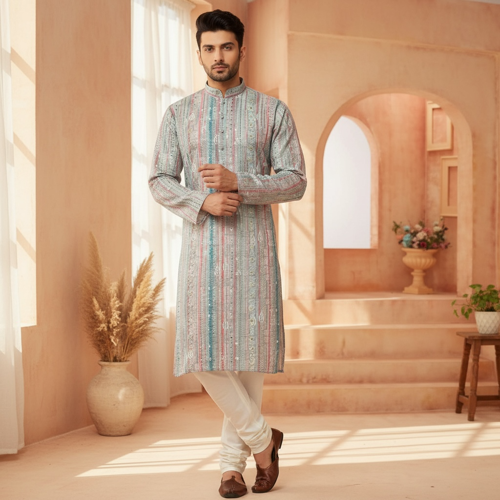 "Luv" Premium digital printed fabric with thread and sequins embroidery.