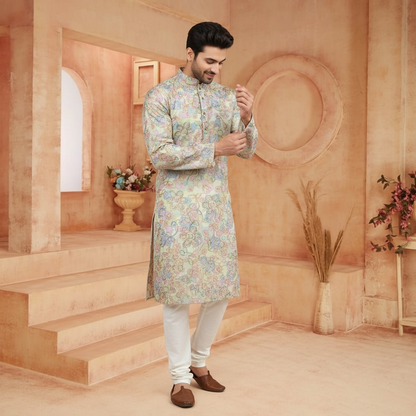 "Ranveer" Premium digital printed kurta with thread and sequins embroidery.