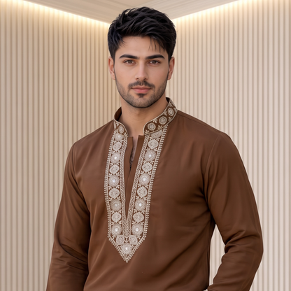 "Devansh" Premium v neck kurta with embroidery. (wide pants included)