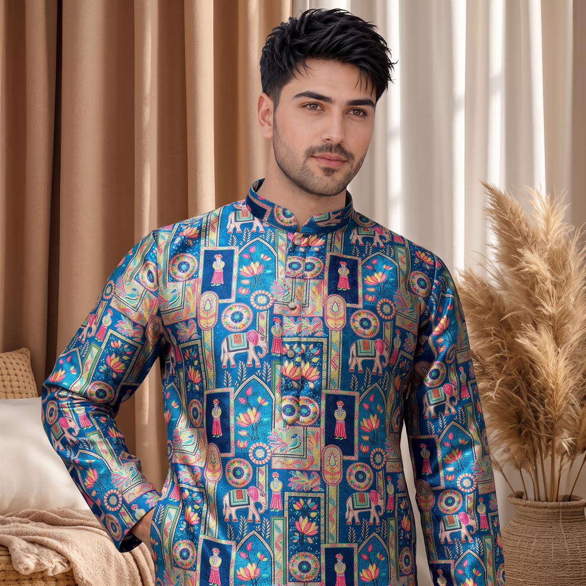 "Reyansh" Premium jacquard silk digital printed kurta with lining.