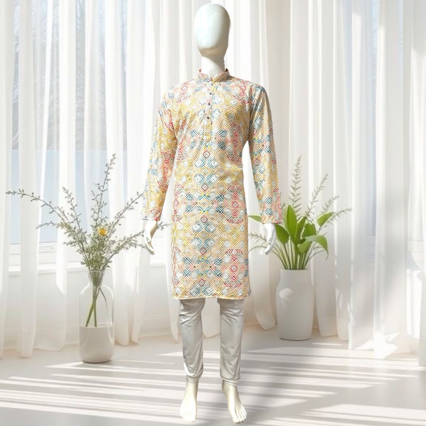 "Naksh" Premium digital printed cotton kurta with thread and sequins embroidery.