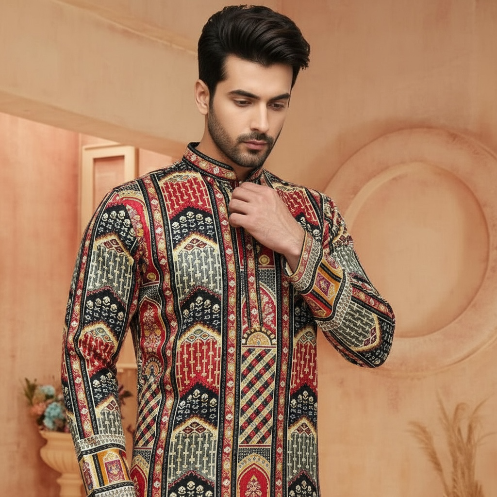 "Akshay" Premium digital printed kurta with thread embroidery.