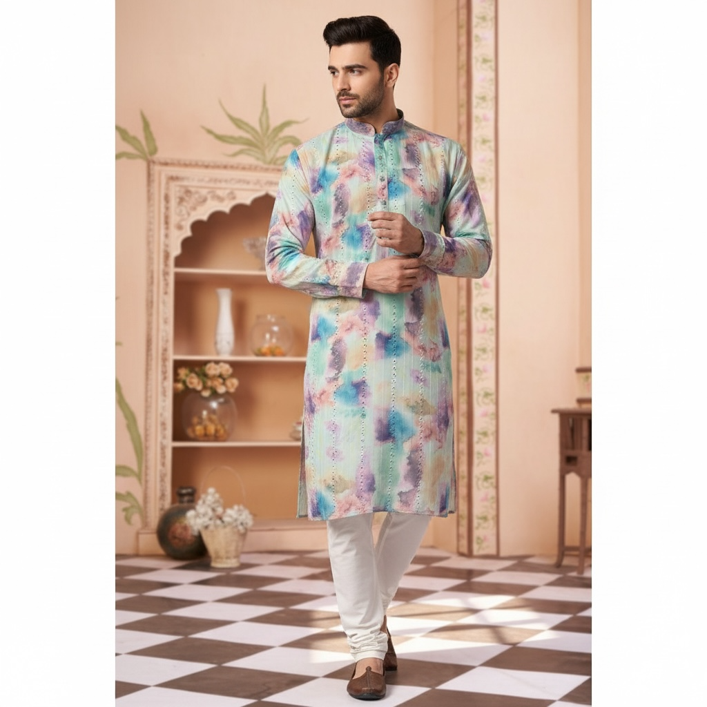 "Ansh" Tie-Dye Mirror Embroidered Kurta.