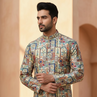 "Reyansh" Premium jacquard silk digital printed kurta with lining.