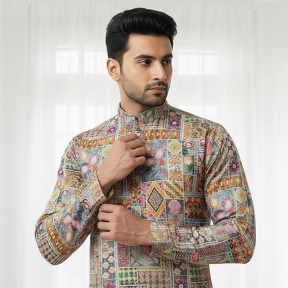 "Kunal" Premium digital printed kurta with thread and sequins embroidery.