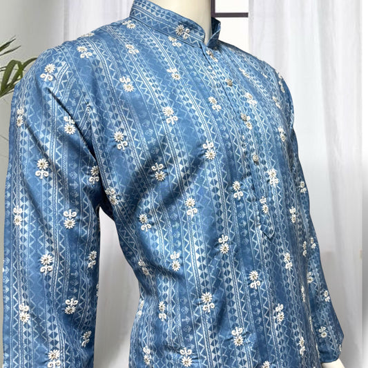 "Jash" Premium digital printed kurta with white thread embroidery butti and lining.