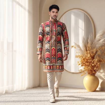 "Akshay" Premium digital printed kurta with thread embroidery.
