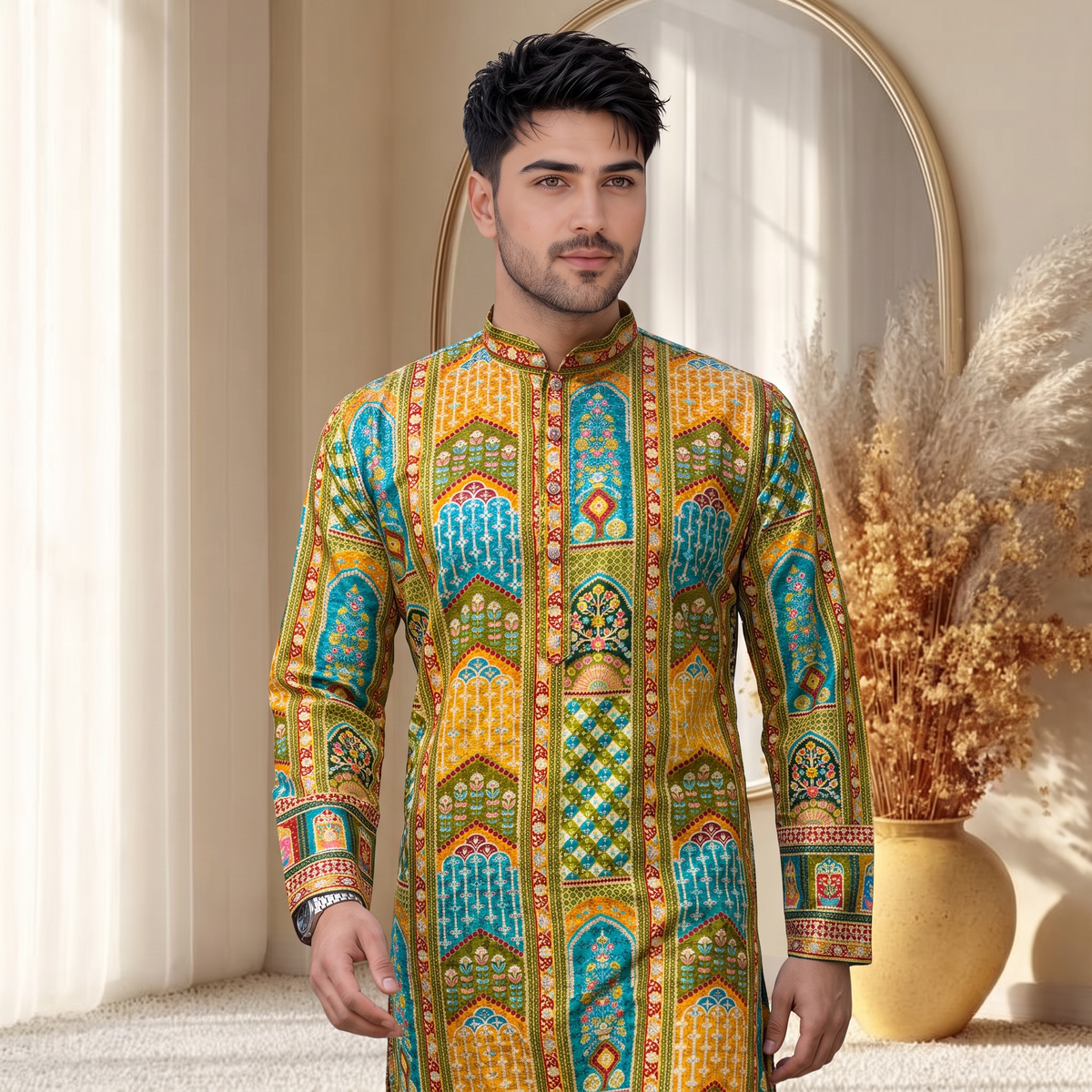 "Akshay" Premium digital printed kurta with thread embroidery.