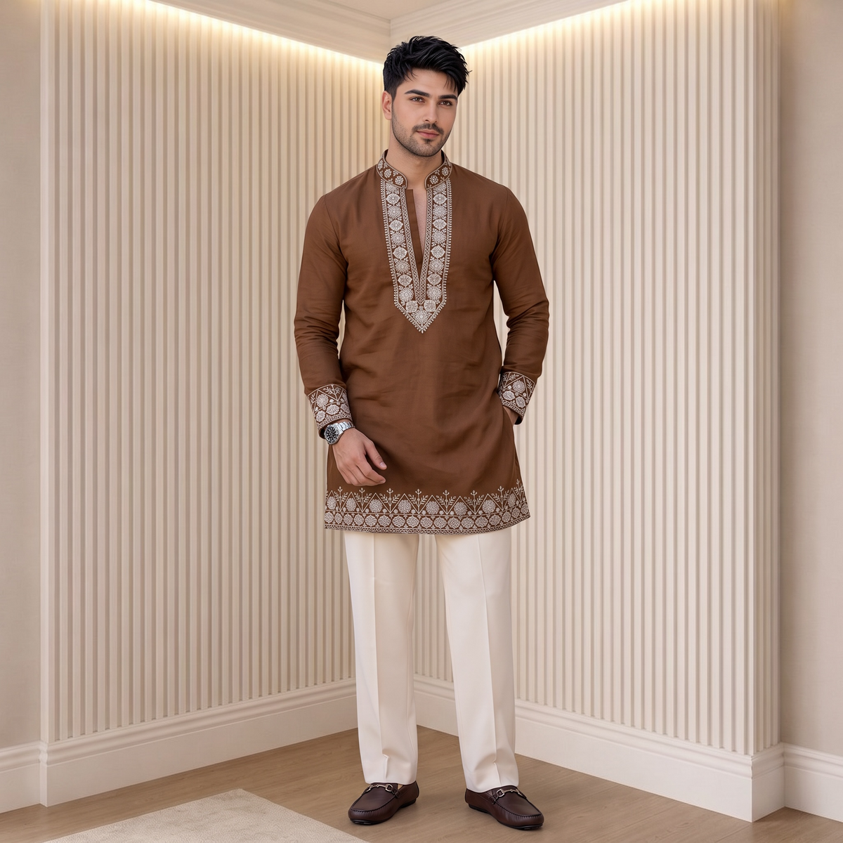 "Devansh" Premium v neck kurta with embroidery. (wide pants included)