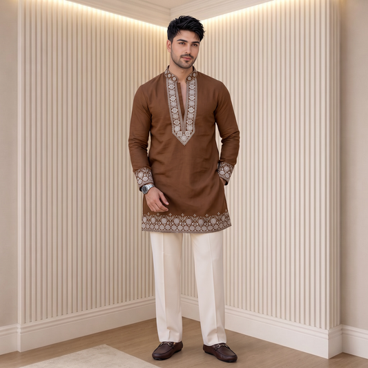 "Devansh" Premium v neck kurta with embroidery. (wide pants included)