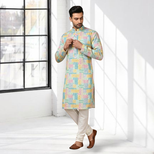 Yellow Block Design Printed Kurta