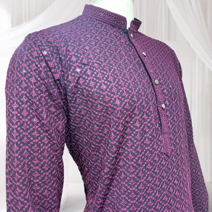 "Jairaj" Premium black rayon kurta with contrast thread work.