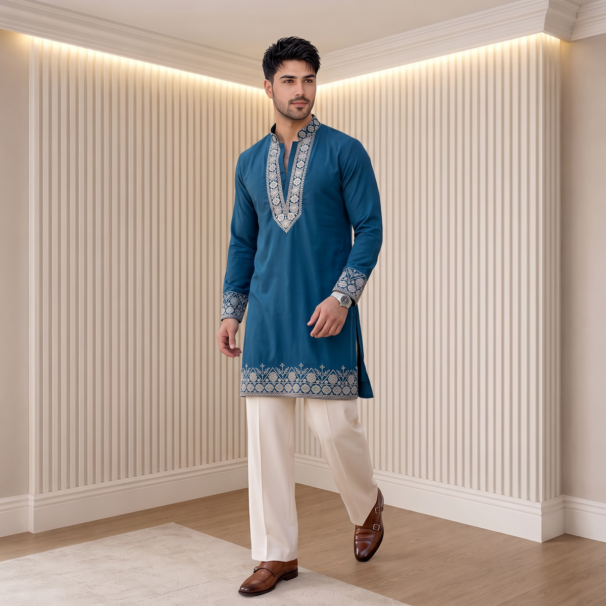 "Devansh" Premium v neck kurta with embroidery. (wide pants included)