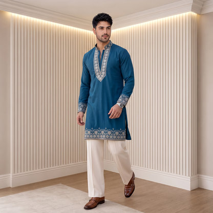 "Devansh" Premium v neck kurta with embroidery. (wide pants included)