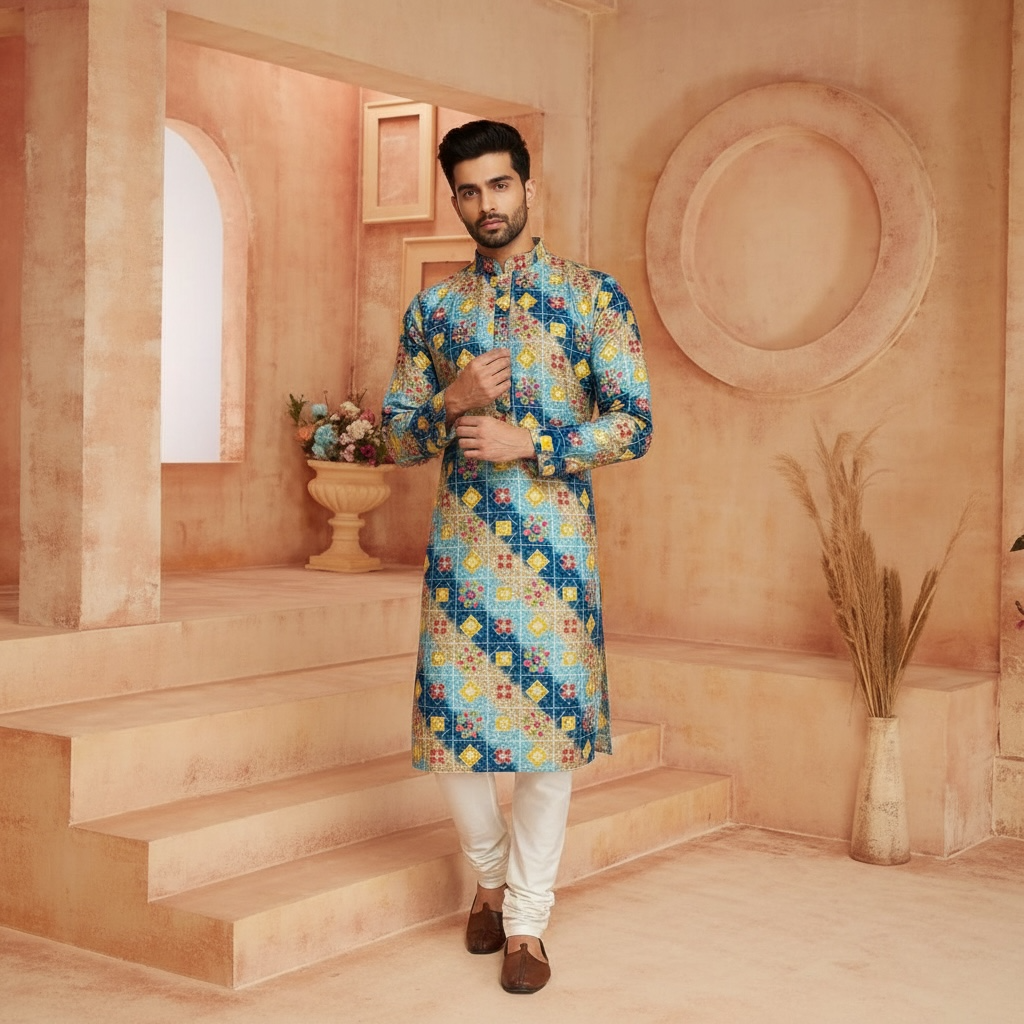 "Kushal" Premium digital printed kurta with thread and sequins work.