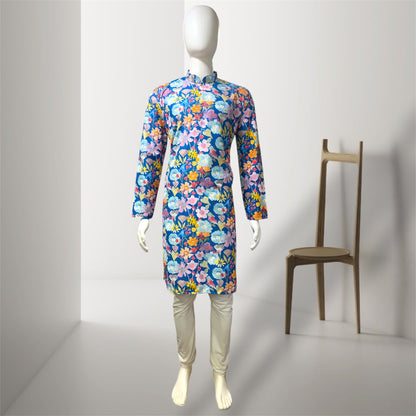 "Dev" Blue Floral Embroidered Cotton Kurta for Men with Thread & Sequins Work