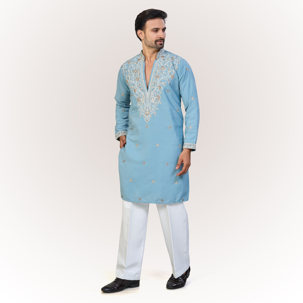 "Pranay" Premium hand embroidery v neck kurta.