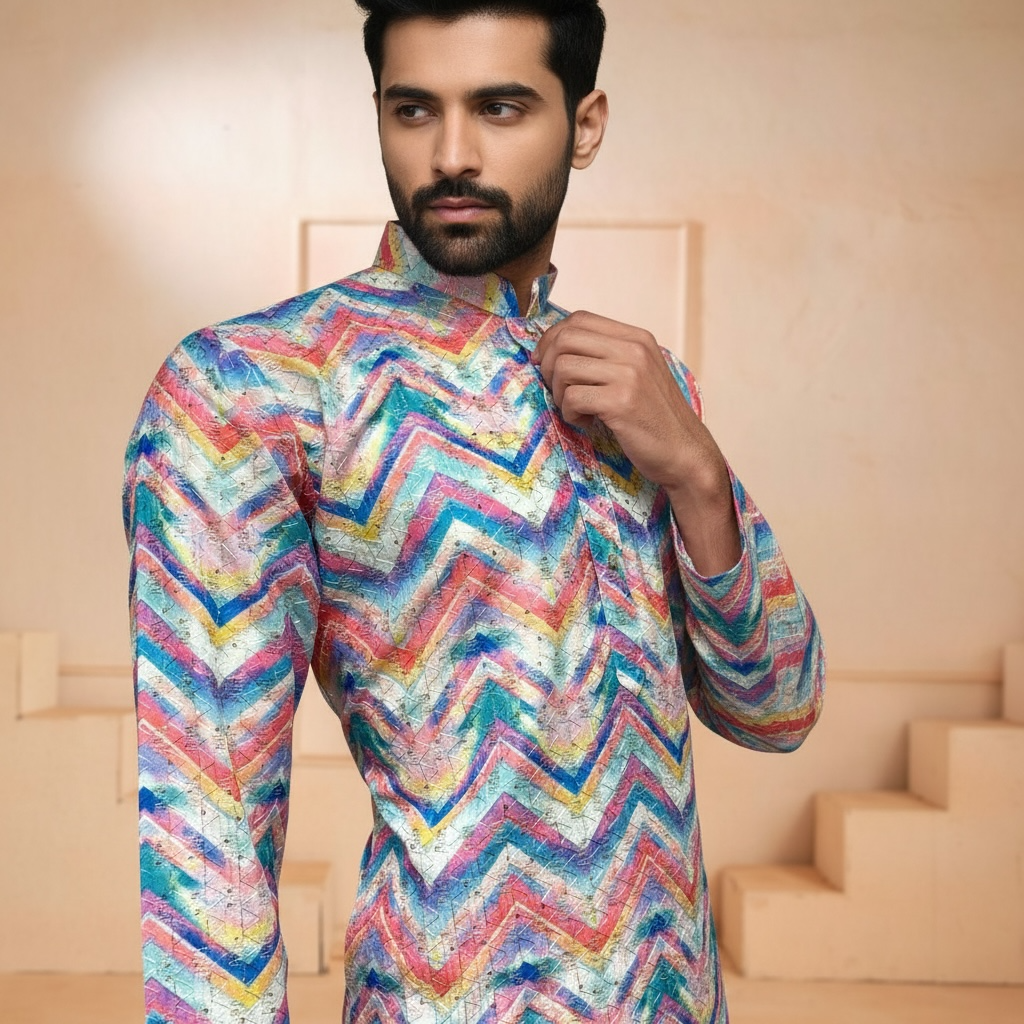 "Vihaan" Printed kurta with thread and sequins embroidery.