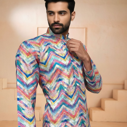 "Vihaan" Printed kurta with thread and sequins embroidery.