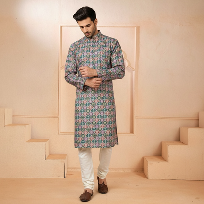 "Veer" Premium digital printed kurta with thread and sequins embroidery.