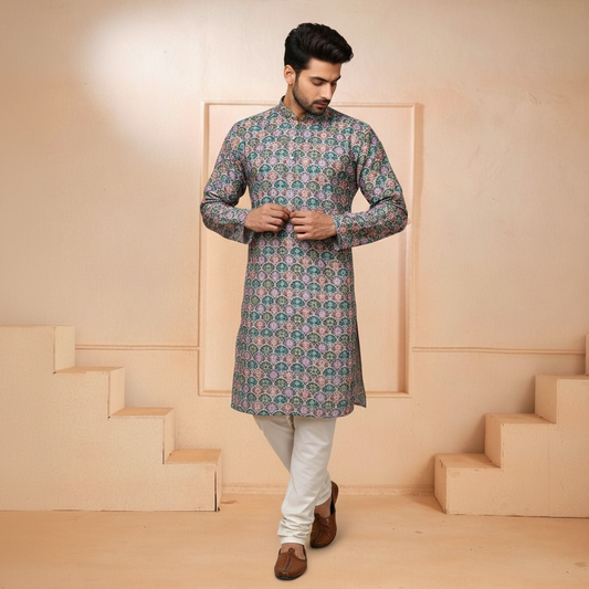 "Veer" Premium digital printed kurta with thread and sequins embroidery.