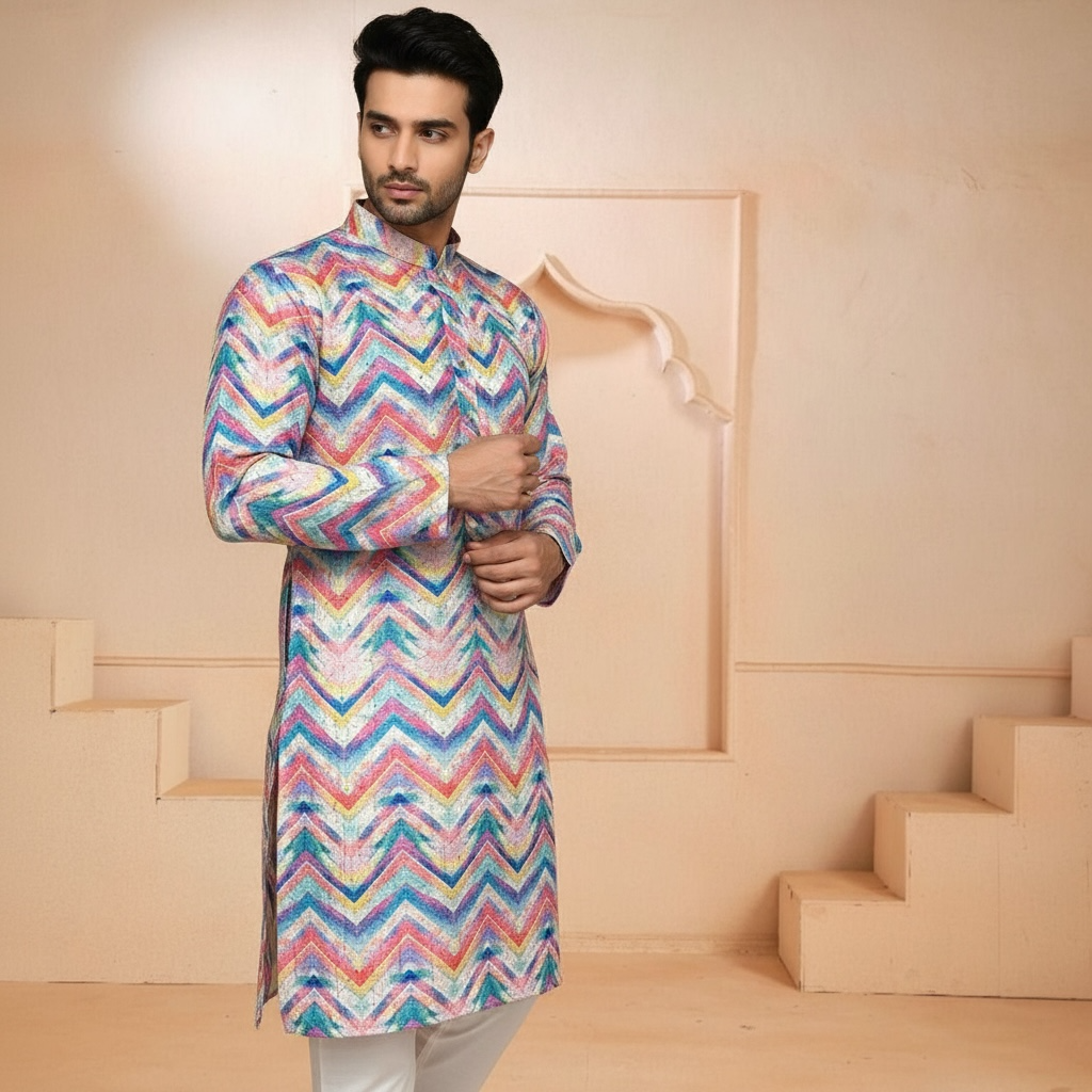 "Vihaan" Printed kurta with thread and sequins embroidery.