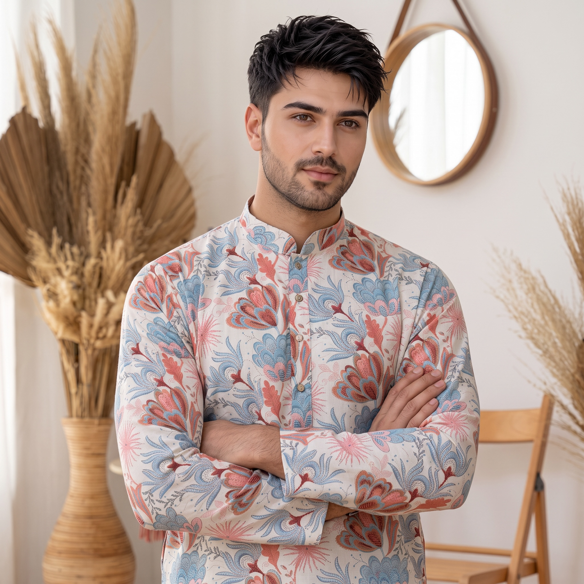 "Kavish" Premium floral digital and foil printed linen kurta.