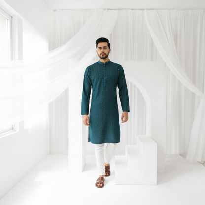 "Jairaj" Premium black rayon kurta with contrast thread work.