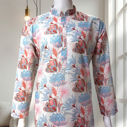 "Kavish" Premium floral digital and foil printed linen kurta.