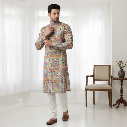"Kunal" Premium digital printed kurta with thread and sequins embroidery.