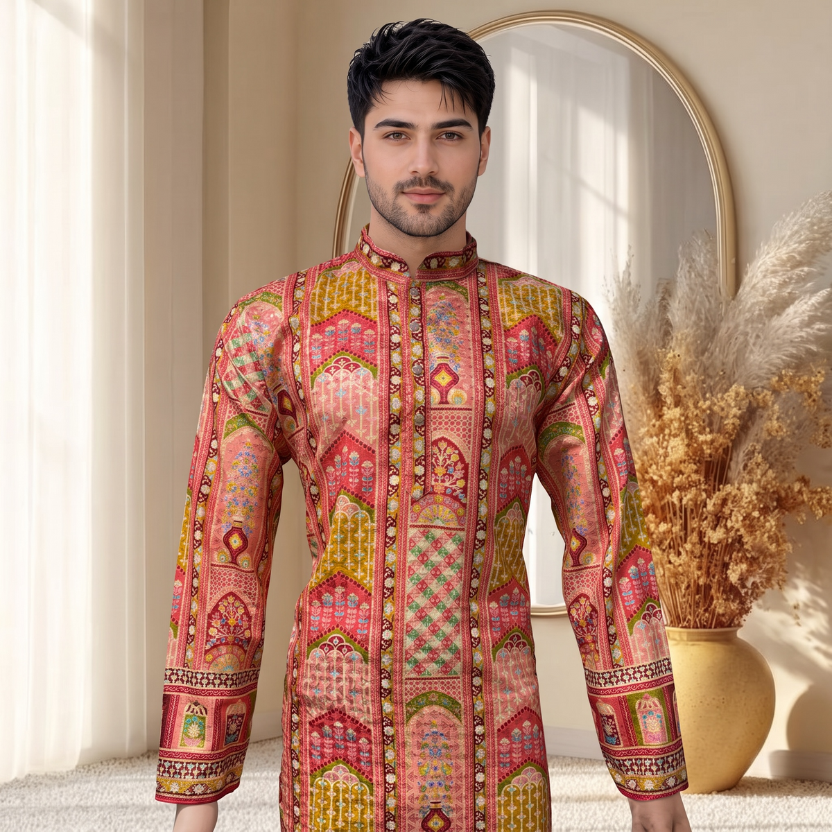 "Akshay" Premium digital printed kurta with thread embroidery.