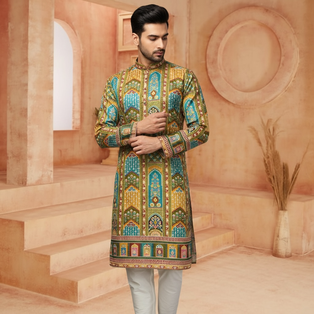 "Akshay" Premium digital printed kurta with thread embroidery.