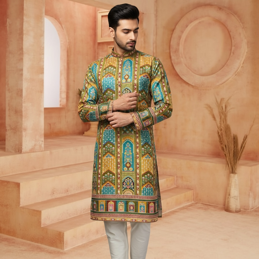 "Akshay" Premium digital printed kurta with thread embroidery.