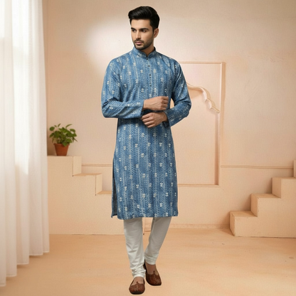 "Jash" Premium digital printed kurta with white thread embroidery butti and lining.
