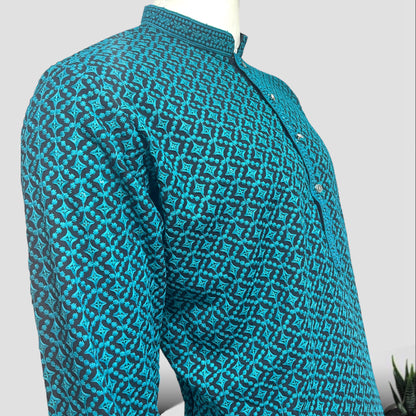 "Jairaj" Premium black rayon kurta with contrast thread work.