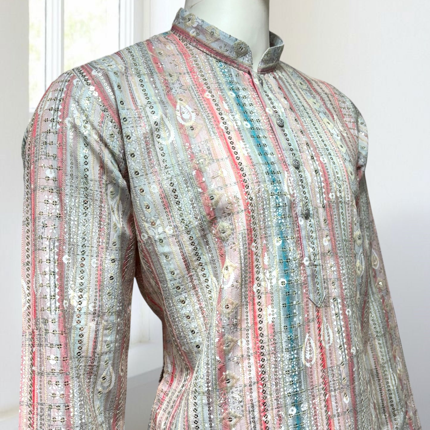 "Luv" Premium digital printed fabric with thread and sequins embroidery.