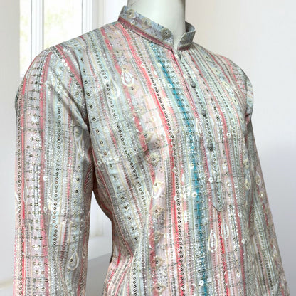 "Luv" Premium digital printed fabric with thread and sequins embroidery.