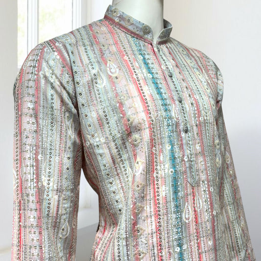 "Luv" Premium digital printed fabric with thread and sequins embroidery.