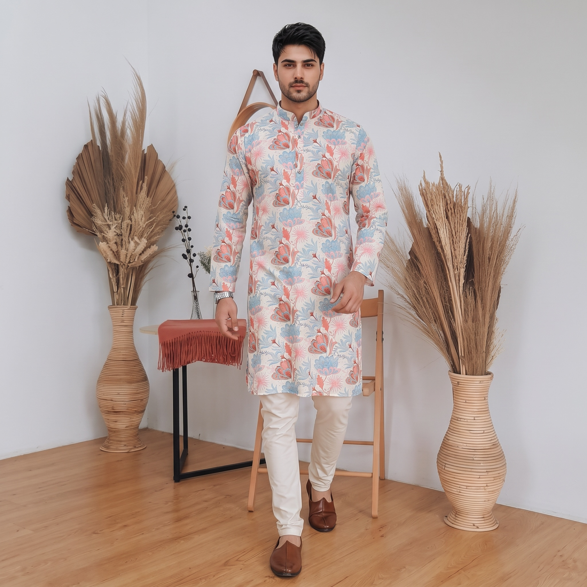 "Kavish" Premium floral digital and foil printed linen kurta.